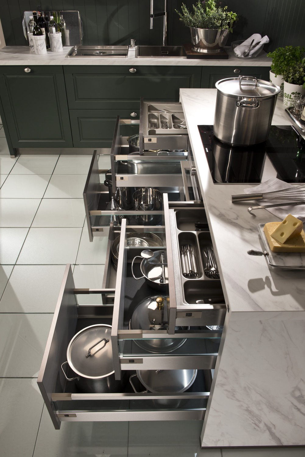 Detail of kitchen drawer organization system
